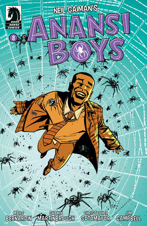 Comic Book Cover with man in an orange suit and hat, a spider web in front of him and another man in the center, with a spider next to him. The title reads, Neil Gaiman's Anansi Boys