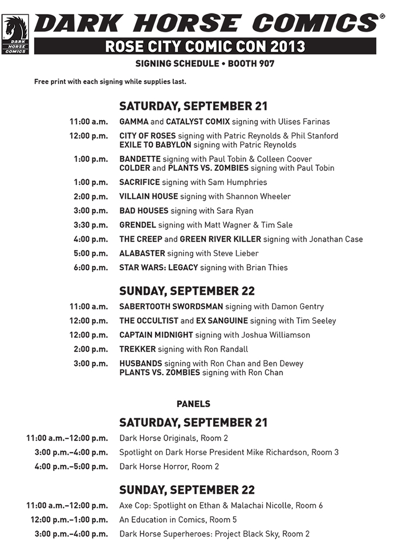 Rose City Comic Con 2013 Signing & Panel Schedule 